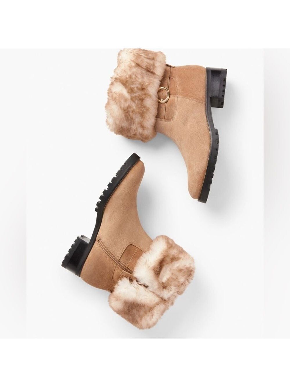 Talbots Women’s Tish Foldover Suede Faux Fur lined Ankle Boot Tan 9.5